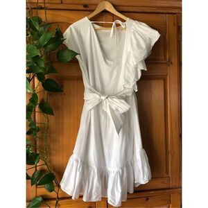 Valtadoros White Ruffle Asymmetric Dress w/ Waist Tie – Size S